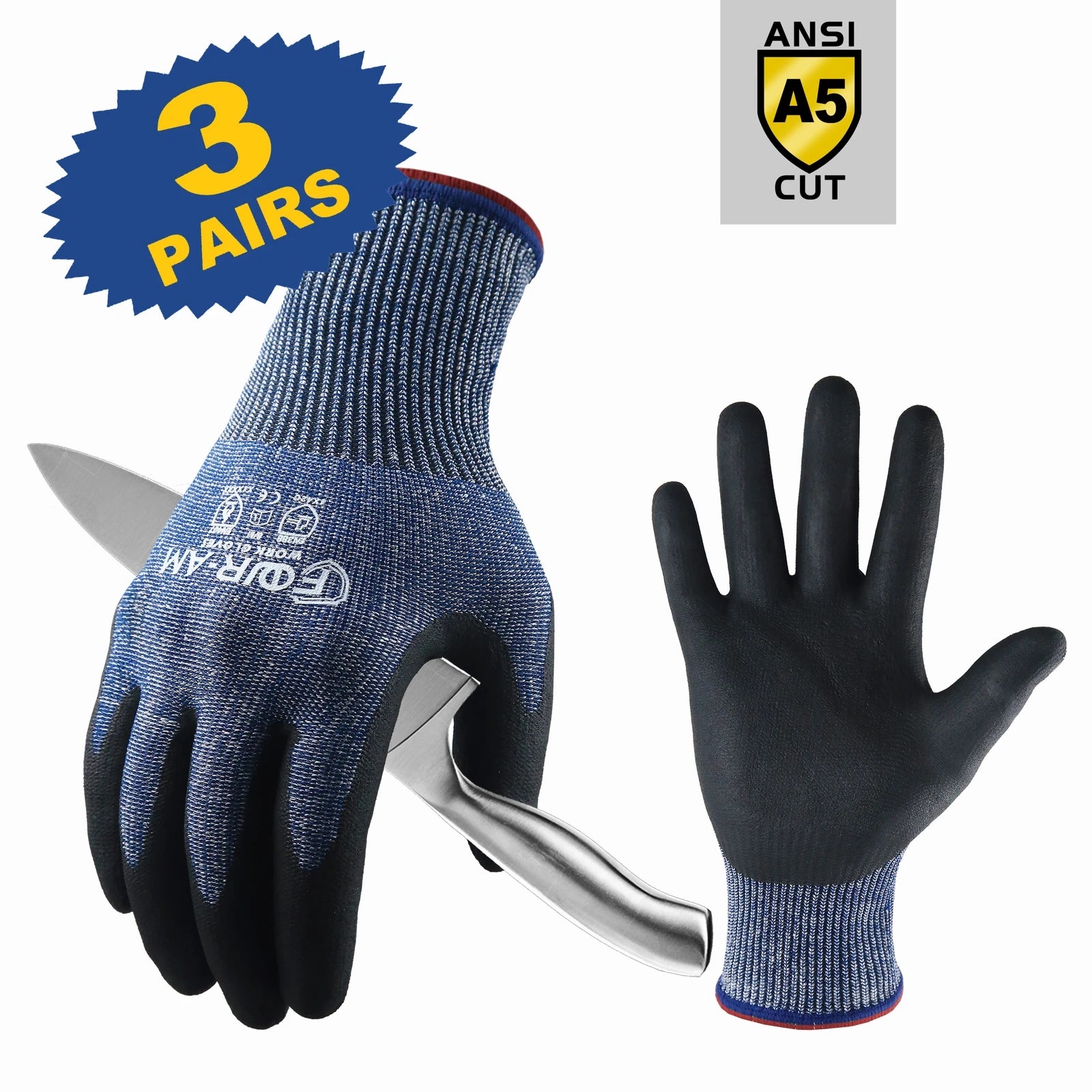 1/3Pair, Level 5Cut-Resistant Gloves, Firm Non-Slip Grip, Heavy Duty Work, Durable & Breathable Nitrile Foam Coated, Touchscreen